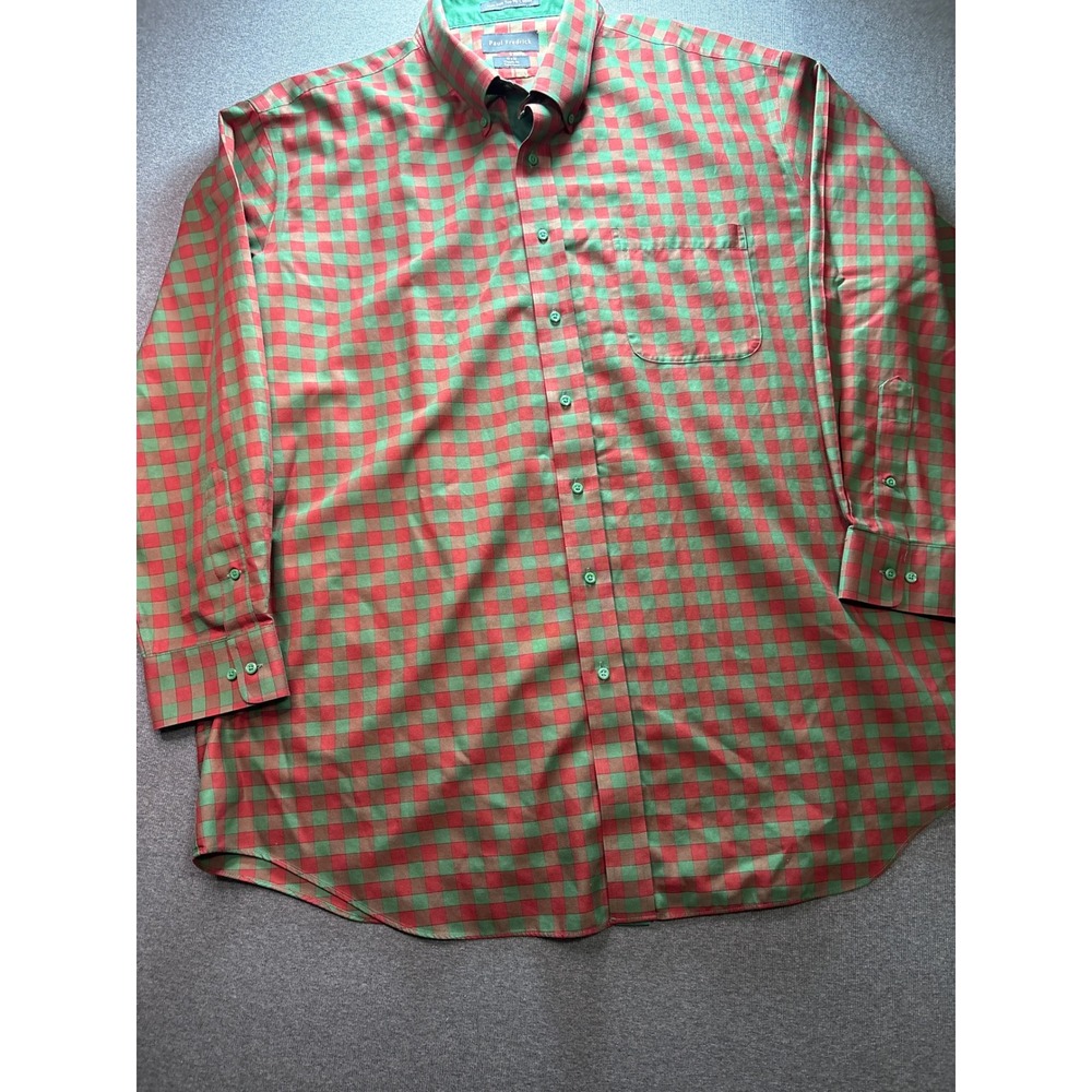 Paul Fredrick‎ Mens 19x35 Non-Iron Cotton Gingham Shirt Red Green Classic Fit